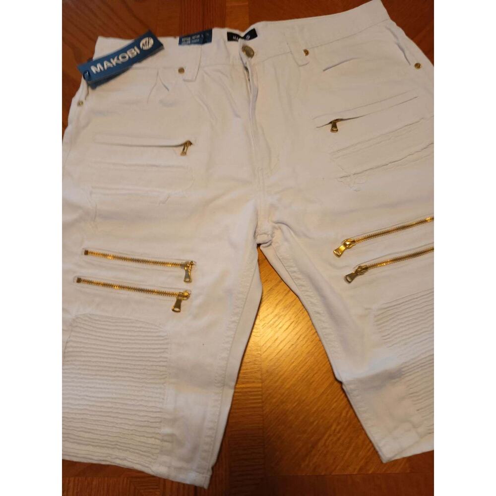 Men's Casual Denim Short White Ripped By Makobi 7-POCKET Hip Hop Street Wear